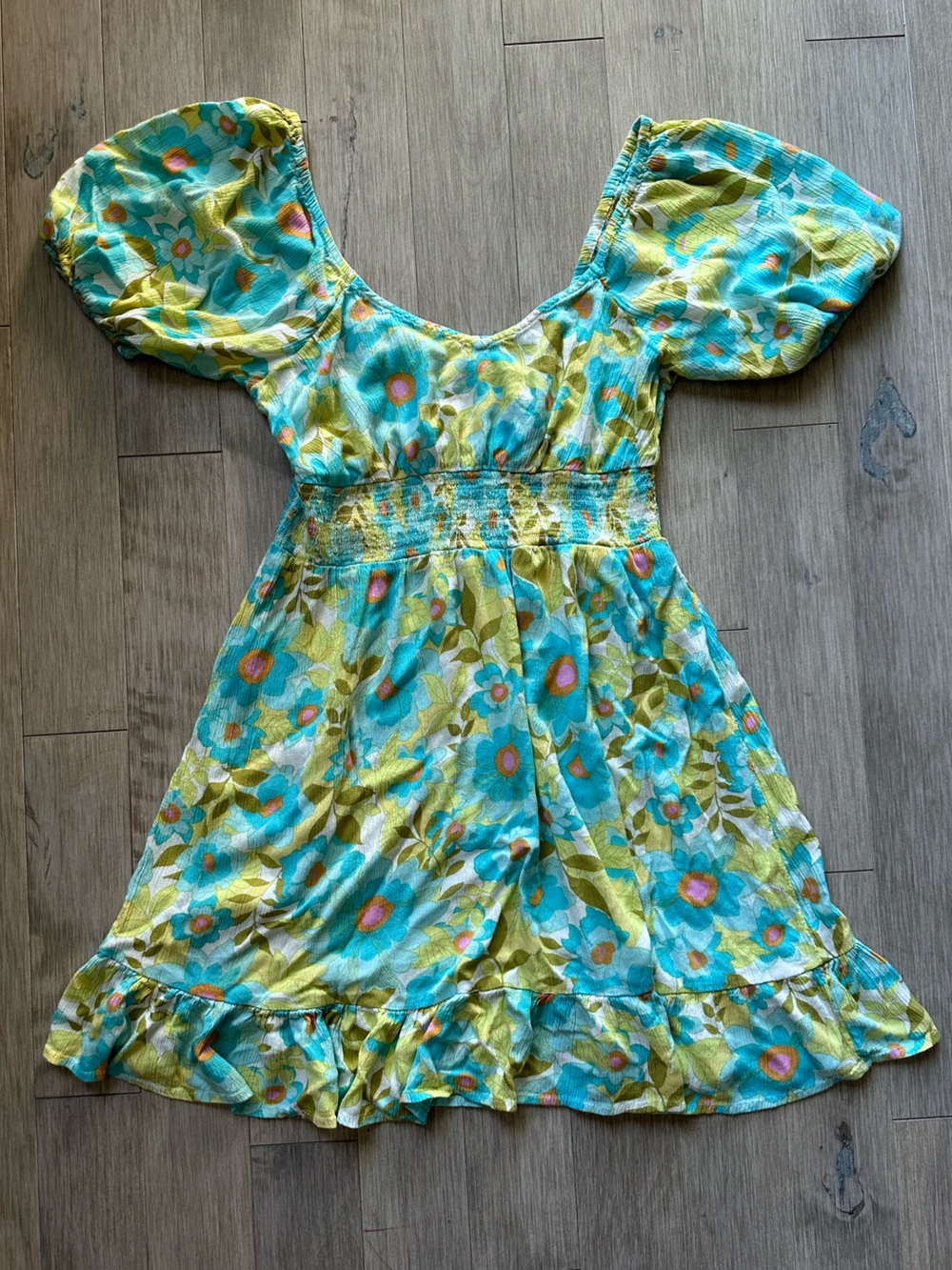 Billabong Aqua and Lime Floral Puff-Sleeve Mini Dress Y2K Style Size Large